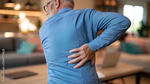 Elderly man experiencing acute lower back pain while sitting at home office desk working remotely