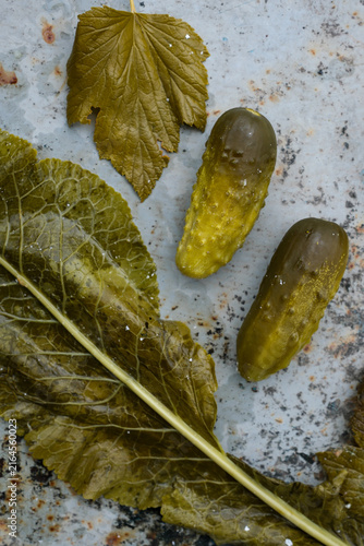 Fermented cucumbers with horseradish leaves, close-up. Top view.