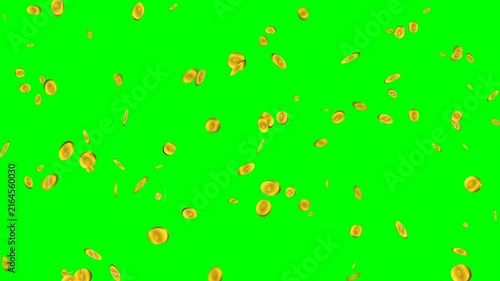 Falling Golden Bitcoin Coins on Green Screen Background