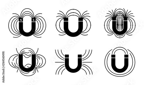 Bild auf Leinwand U-Shaped Magnet Set, Magnetic Field Lines Vector Icons, Physics Science Educatio