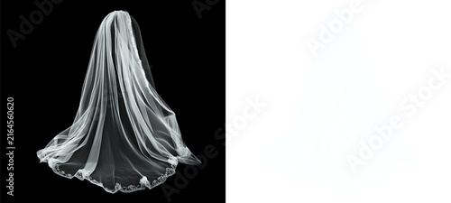 Foto Long flowing bridal tulle veil fabric with sheer layered folds and delicate lace