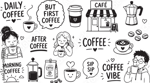 A black and white coffee-themed doodle set featuring cups, a cafe, and phrases like 'DAILY COFFEE 'BUT FIRST COFFEE and 'COFFEE VIBE.