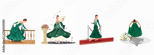 Foto Elegant woman in emerald green evening gown in various formal settings: on a balcony, dancing with petals, on red carpet, and curtsying