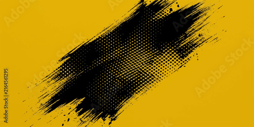 Distressed black brush stroke with halftone pattern over yellow backdrop black paint grunge design abstract texture ink marks rough strokes graphic element