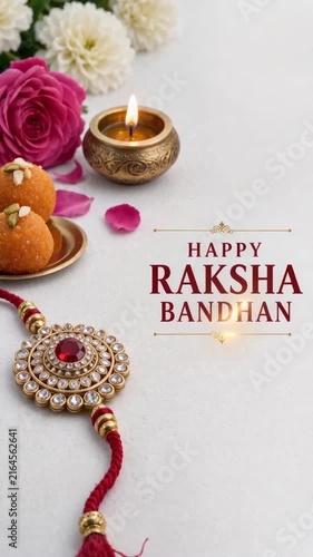 Happy Raksha Bandhan text with traditional rakhi, diya lamp, flowers and Indian sweets, festive celebration of sibling love, family bond and cultural tradition