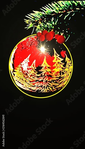 Red Christmas Bauble with Pine Trees Reflection Illustration