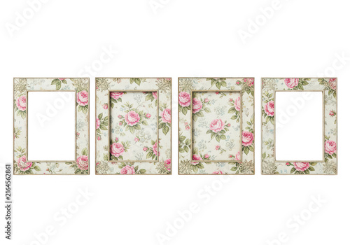 Vintage floral picture frames with pink rose pattern isolated on transparent background