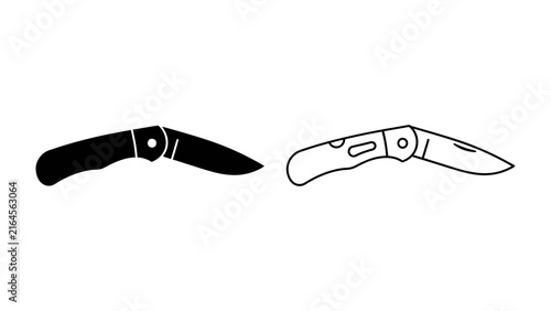 Folding Knife Silhouette: A sharp folding knife is depicted in both a solid black silhouette and a clean outline, showcasing its utilitarian design.