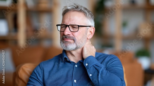 Middle aged professional man experiencing chronic neck pain and discomfort while sitting indoors