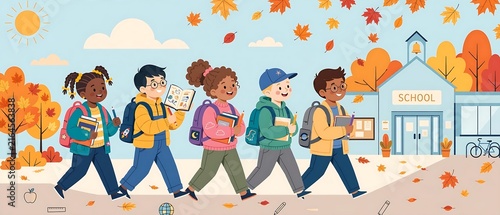 Children Walking to School with Autumn Leaves