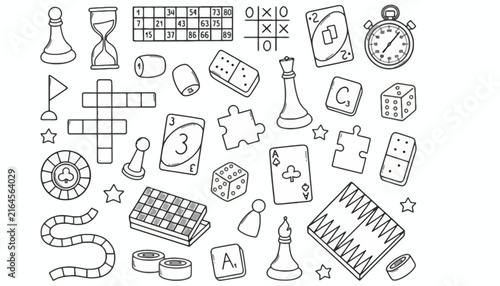 Foto Hand Drawn Doodle Set Featuring Various Classic Board Games and Entertainment Ic