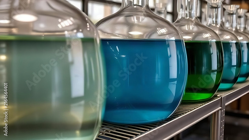Large clear glass vessels with blue and green liquids arranged on a metal shelf.