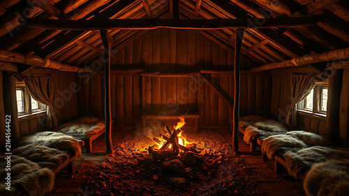 Interior of a reconstructed longhouse with embers and fur-lined platforms.