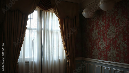 Ornate room corner with decaying fabric curtains and mold spots.