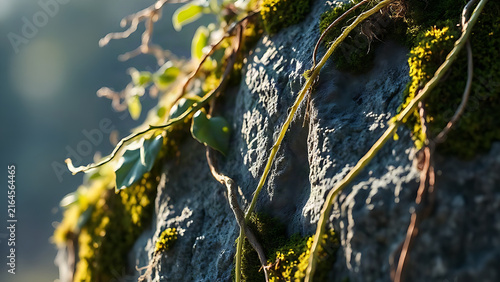 Wind lifting vines and moss to reveal the texture of a rock.