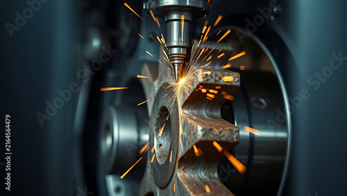 A worn, rusty metal gear being machined inside a modern CNC mill, sparks flying.