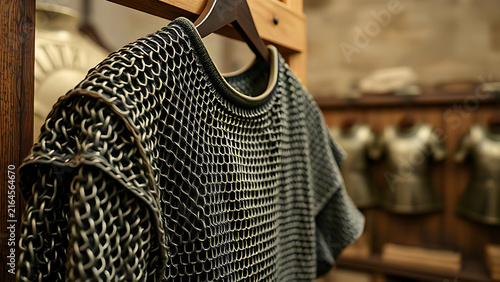 A detailed replica of a Roman legionary chainmail shirt hanging on a wooden rack.