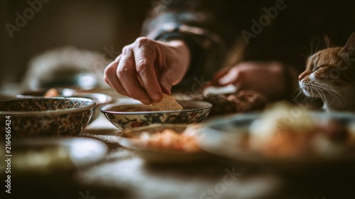 Hand reaches for bread while cat watches at a table during a meal