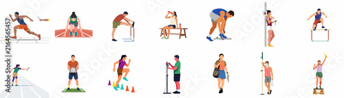 Set of flat vector illustrations depicting people in various athletic activities, fitness testing, running, stretching, and sports measurements for a healthy lifestyle.