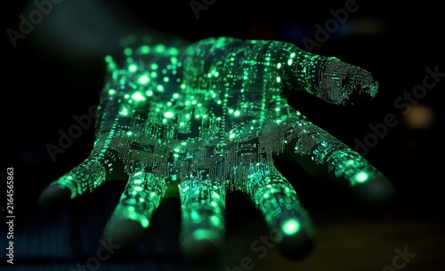 Hand with digital circuitry and smartphone, symbolizing the integration of technology in business management