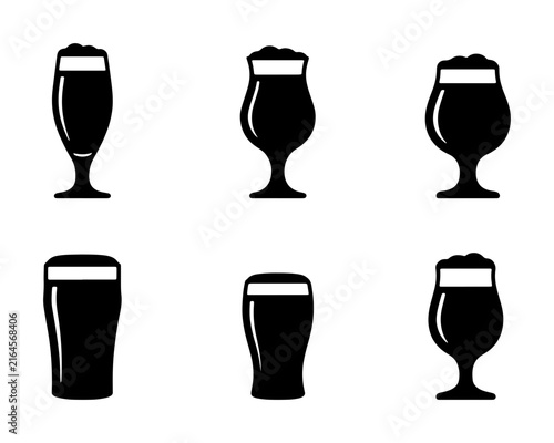Bild auf Leinwand Six Black Silhouette Beer Glasses, Assorted Styles, Vector Icons for Pubs and Br