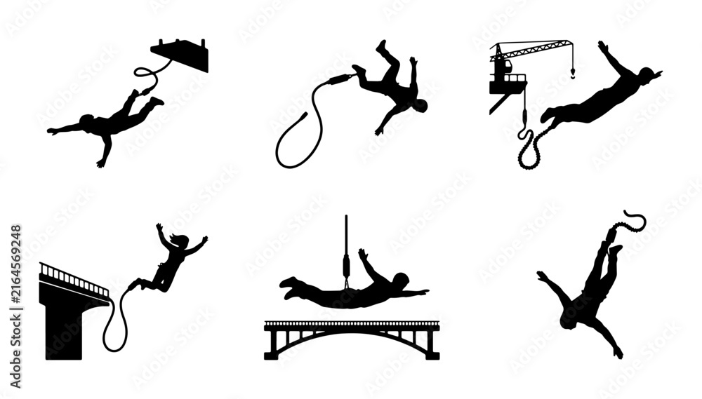 Fototapeta premium Bungee Jumping Silhouettes: Extreme Sports, Adventure, and Thrill-Seeking Vector Icons Set