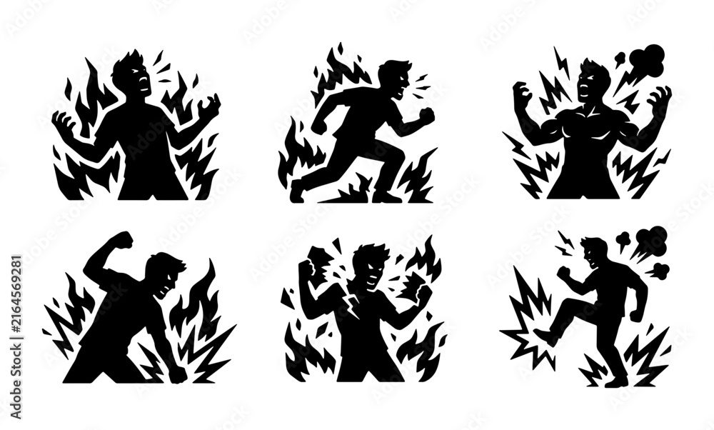 Fototapeta premium Set of 6 Silhouette Icons: Anger, Rage, Frustration, Stress, Outbursts, Emotional Distress, Human Figures in Flames and Lightning, Vector Graphics for Communication and Emotion Concepts