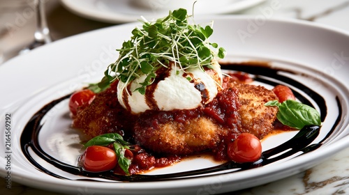 A gourmet Chicken Parmesan topped with burrata and micro basil, plated elegantly on polished marble with luxury fine-dining aesthetics