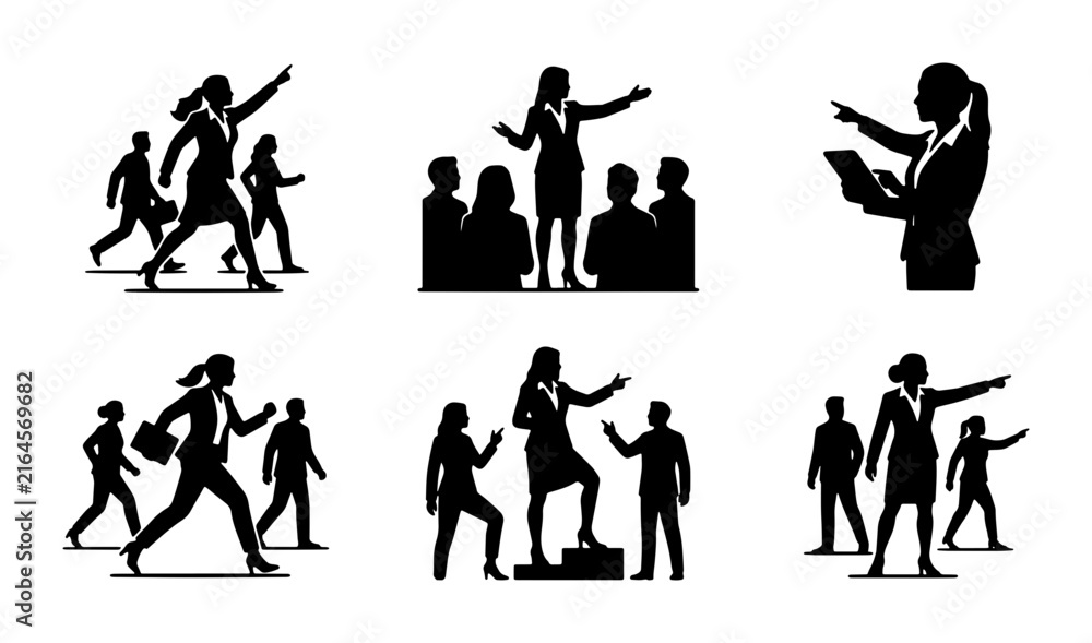 Obraz premium Business Leadership Icons Set, Female Leader Guiding Team, Motivational Speaker, Corporate Strategy Silhouettes, Professional Development Collection
