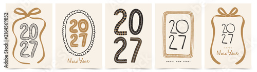 Happy New Year 2027 greeting card set with typography number design, ribbon bows and decorative frames in doodle hand drawn style. Vector template for poster, cover, invitation, wall art, printable