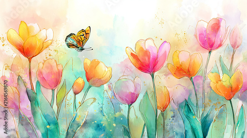 watercolor botanical butterfly and Carnation flowers texture template background. Design for wedding, vip cover, poster, rsvp moderncard.Valentine's Day