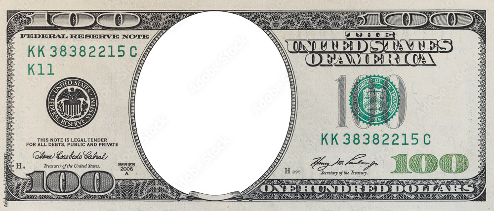 Naklejka premium US 100 dollar bill PNG template with transparent oval frame for portrait insertion