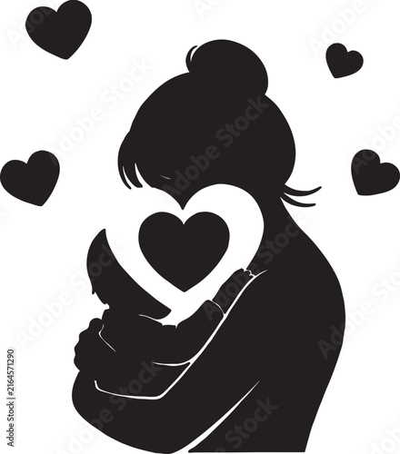 Картината върху платно Black silhouette of mother holding baby with floating hearts silhouette maternal