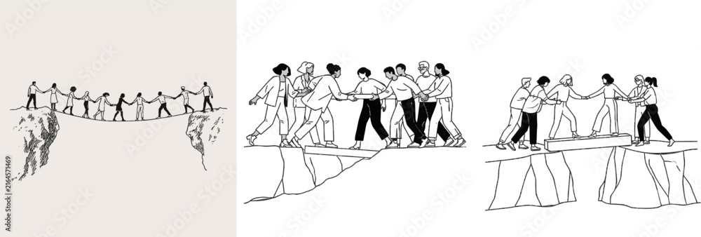 Fototapeta premium A diverse group of professionals is working collaboratively to build a bridge over a chasm, symbolizing unity and teamwork in overcoming challenges together