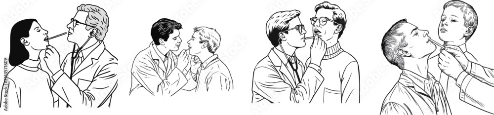 Fototapeta premium A black and white flat vector illustration depicts a gentle throat checkup performed by a doctor using a wooden tongue depressor on a patient with clean line art and a pure white background