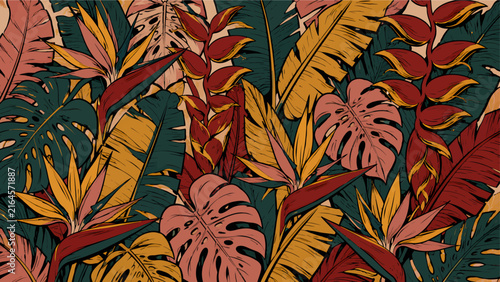 Bold tropical botanical pattern with monstera, banana leaves, heliconia and bird of paradise foliage in rich teal, mustard, terracotta and burgundy tones