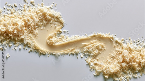 A top-down arrangement where parmesan shavings create flowing curves leading through the composition