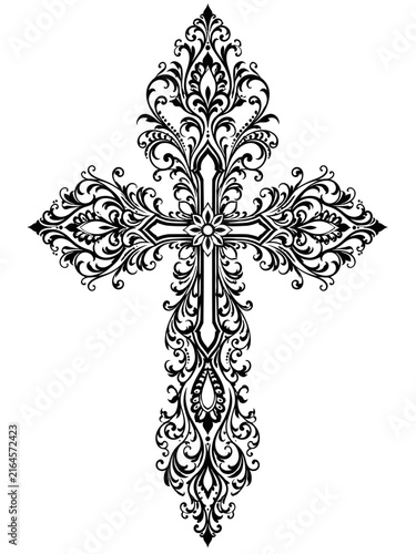 Elaborate ornamental Christian cross with symmetrical baroque floral scrollwork and filigree details in bold black and white, ideal for religious, tattoo, and decorative designs