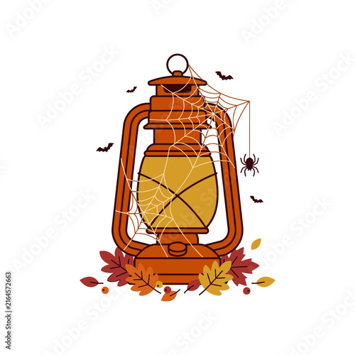 Vintage Halloween Lantern with Spider Web and Autumn Leaves Illustration