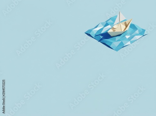 Origami boat sailing on geometric low poly blue sea.