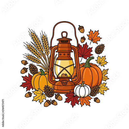 Autumn lantern illustration with pumpkins, wheat, and fall leaves for seasonal decor
