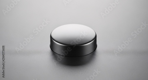 A sleek, minimalist close-up of a metallic, cylindrical button or puck with a reflective top surface on a grey background.