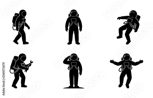 Foto Astronaut Icon Set, Space Explorer Silhouettes, Cosmic Voyager Poses, Vector Gra