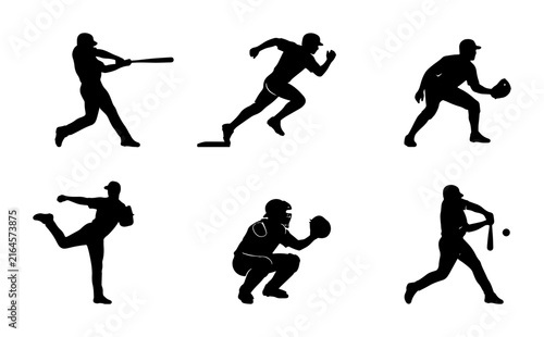 Fotografie Baseball Player Silhouettes: Batter, Runner, Fielder, Pitcher, Catcher, Hitter V