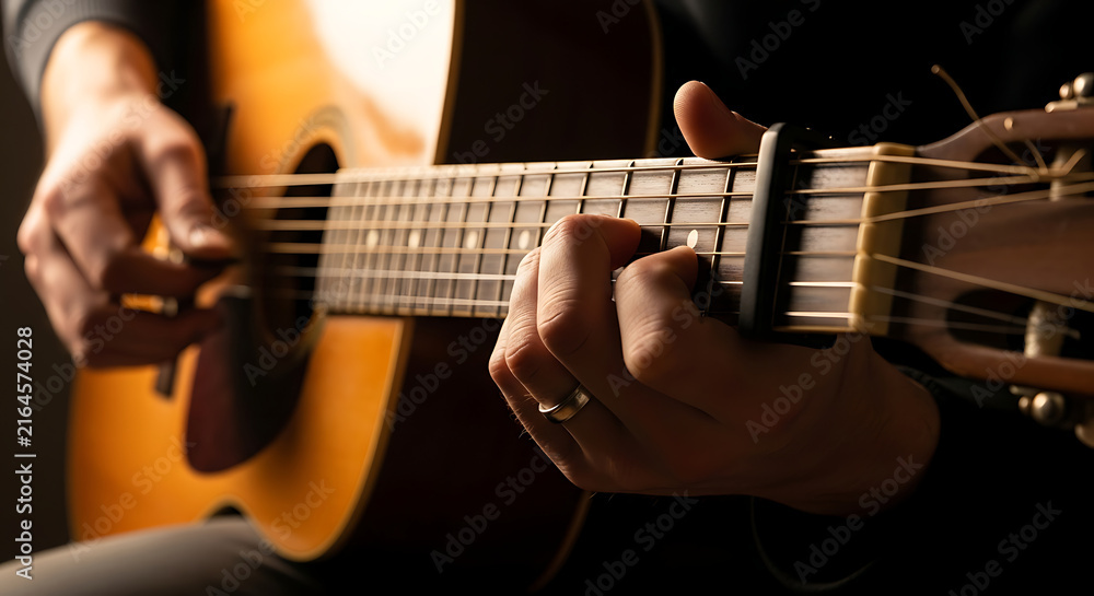 Fototapeta premium Man playing acoustic guitar with warm lighting