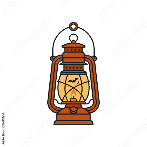 Vintage Halloween lantern illustration with a glowing candle and a flying bat silhouette
