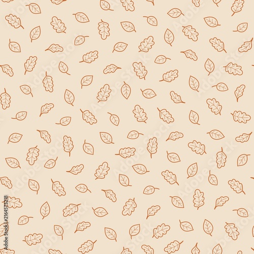 Seamless autumn pattern with hand drawn oak and simple leaves in warm orange lines on a soft beige background. Minimal seasonal botanical design.