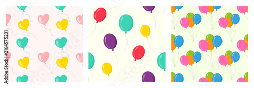 Seamless pattern set with colorful balloon design. Repeating texture collection of birthday and party air ballons for textile, wrapping paper, wallpaper, greeting card, baby shower decor. Flat vector 