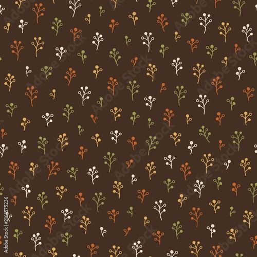 Seamless autumn botanical pattern with small berry branches in orange, mustard, olive and cream on a dark brown background. Warm hand drawn seasonal design.