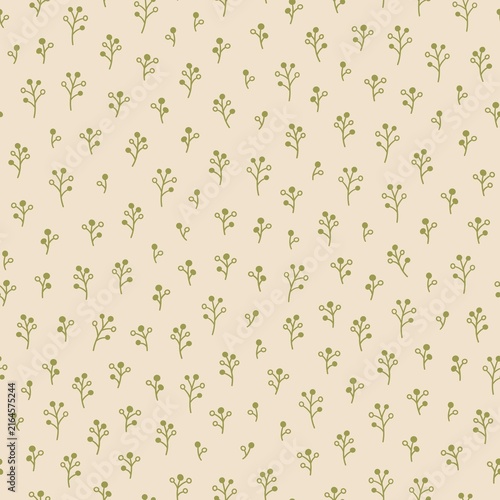 Seamless minimal botanical pattern with small olive green berry branches scattered on a warm cream beige background. Simple natural design for textiles and surfaces